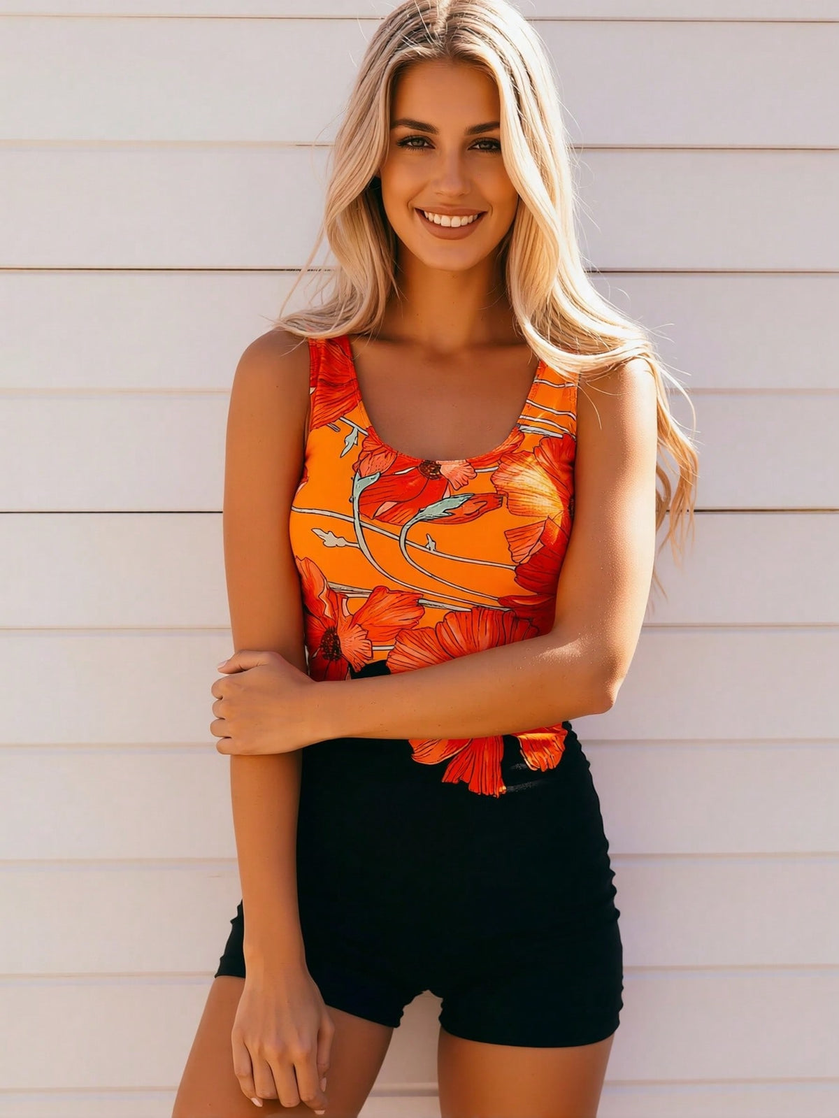 New Orange Poppy Print Tankini Swimsuit, U Neck Floral Tank Top & Solid Black Boy Shorts