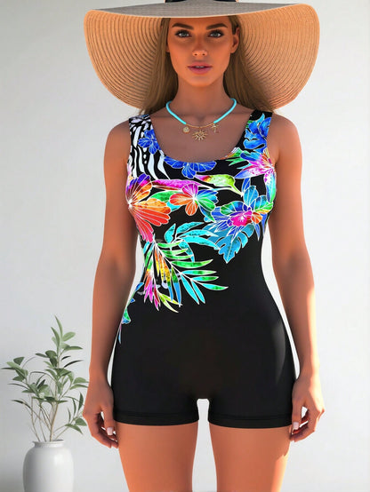 New Black One-Piece Boyleg Swimsuit with Colorful Tropical Floral Print, Scoop Neck Tummy Control Bathing Suit