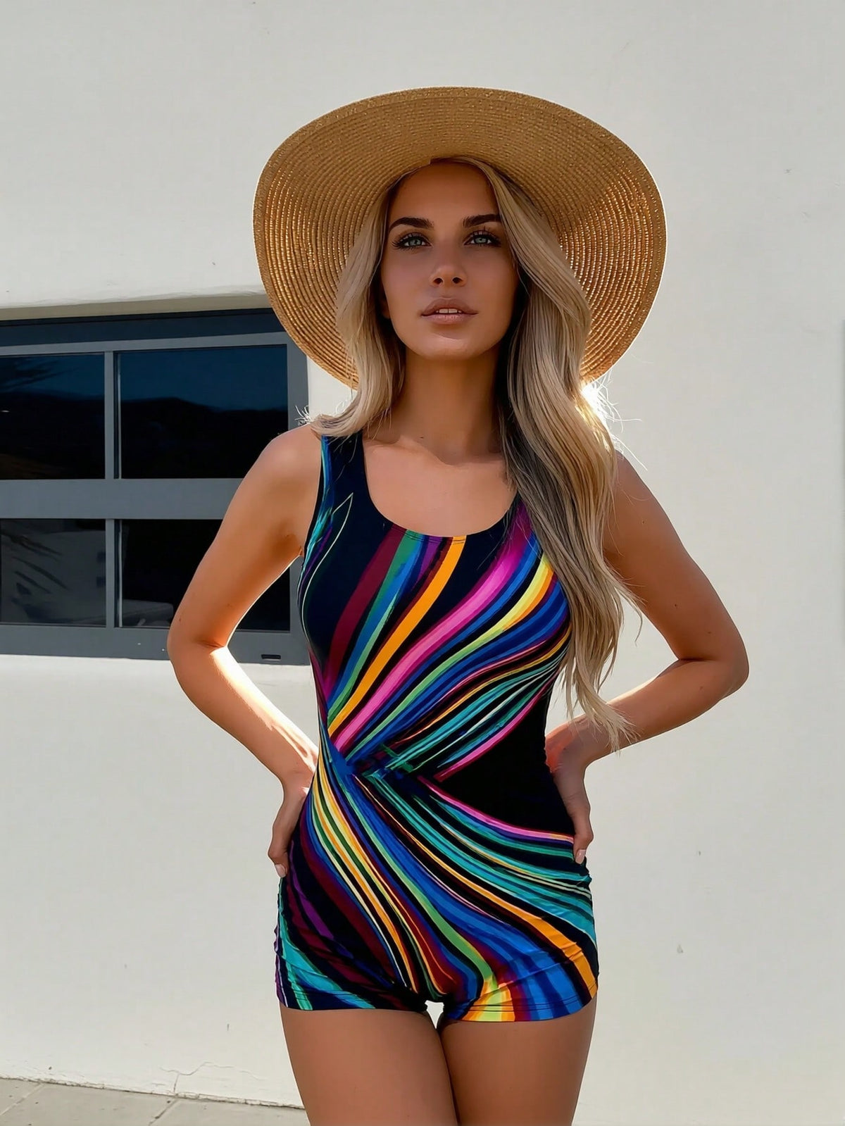 New Rainbow Diagonal Stripe Print One-Piece Boyleg Swimsuit, Scoop Neck Tummy Control Bathing Suit