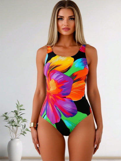 New Large Watercolor Floral Print One-Piece Swimsuit, Scoop Neck Tummy Control Bathing Suit