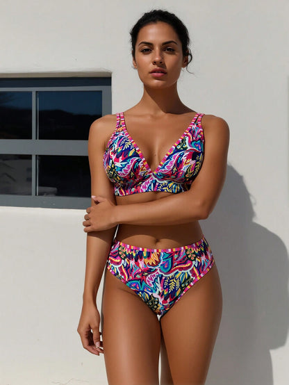 New Vibrant Floral & Leaf Print Swimwear, Mid Waist Tummy Control Two-Piece Swimsuit