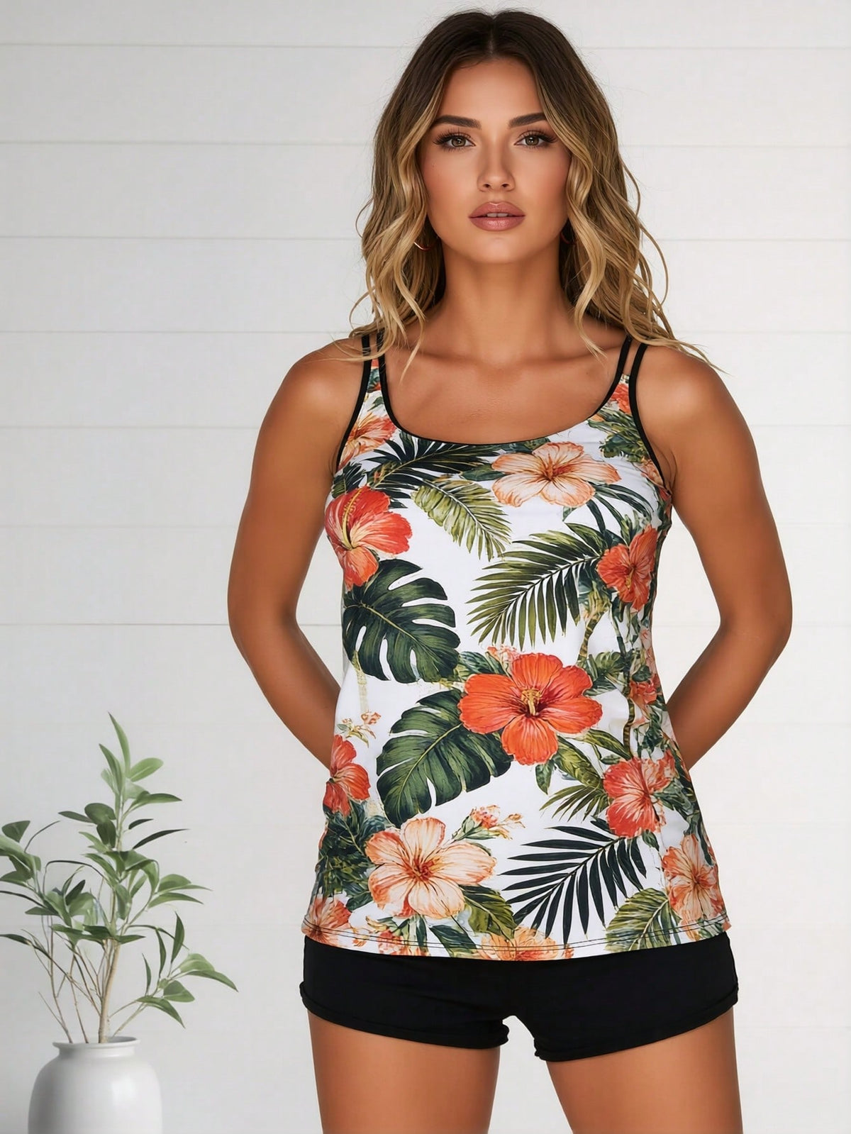 New Tropical Hibiscus Print Tankini Swimsuit, Double Spaghetti Straps Tummy Control Swimwear