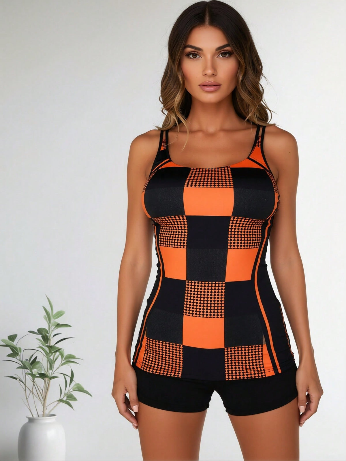 New Orange & Black Checkerboard Print Two-Piece Swimsuit, Sleeveless Longline Tank with s