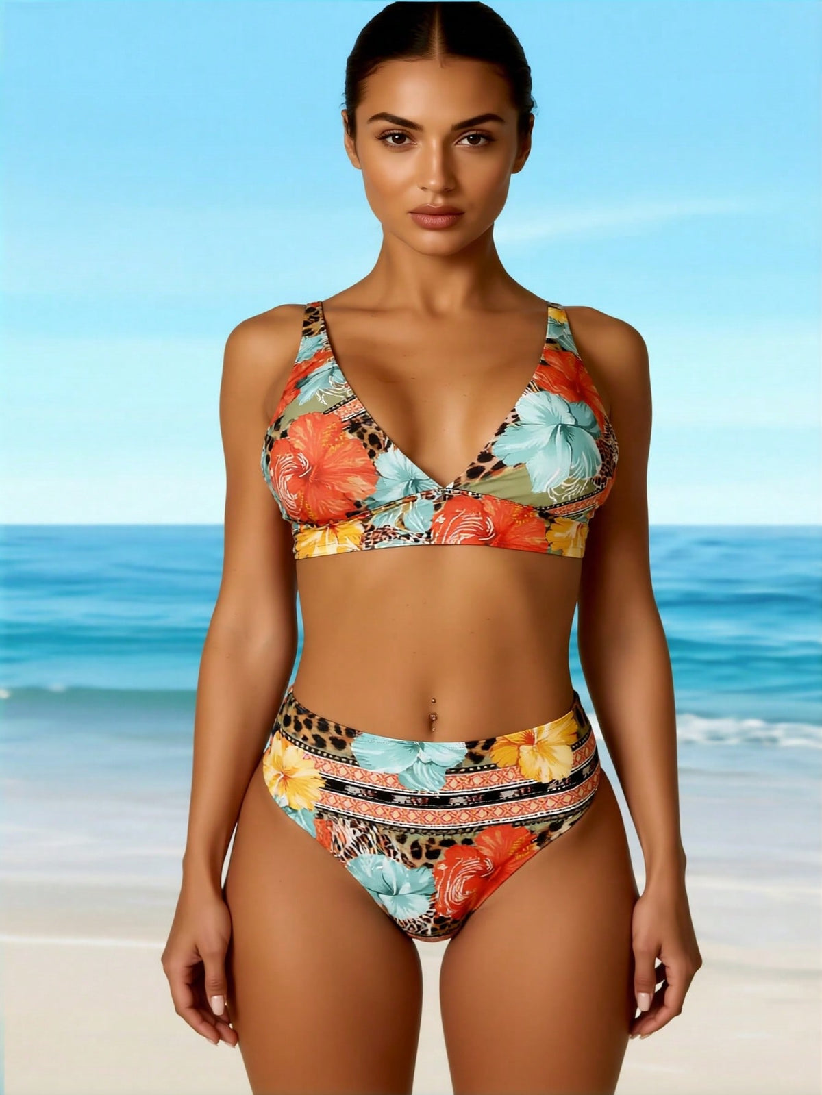 New Hawaiian Floral & Animal Print Swimwear, Mid Waist Tummy Control Two-Piece Swimsuit