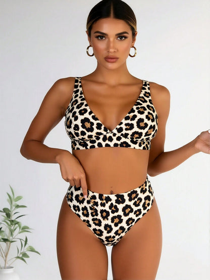 New Classic Leopard Print High Waist Bikini Set, V Neck Bathing Suit
