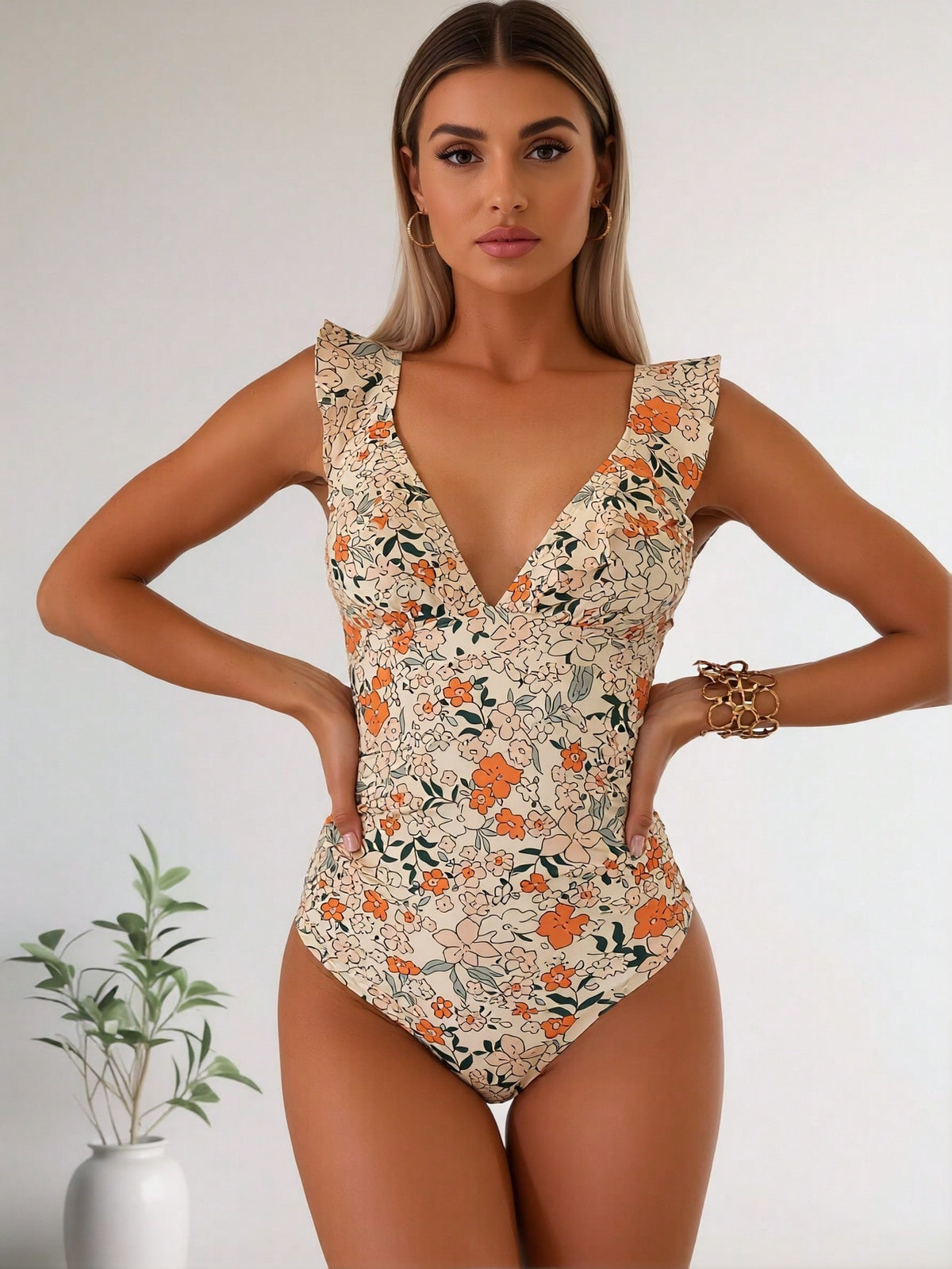 New Ditsy Floral Print One-Piece Swimsuit, V Neck Ruffle Shoulder Tummy Control Bathing Suit