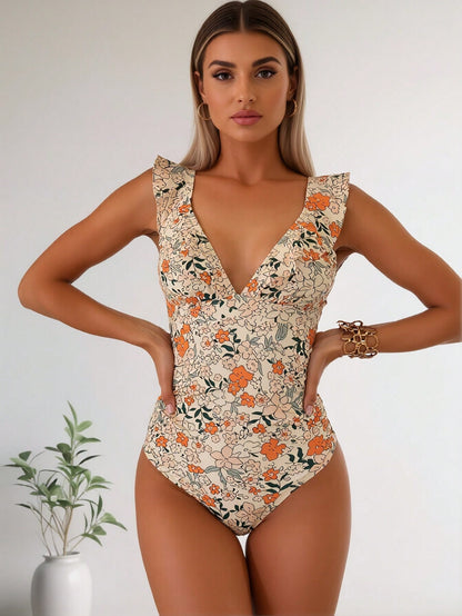 New Ditsy Floral Print One-Piece Swimsuit, V Neck Ruffle Shoulder Tummy Control Bathing Suit