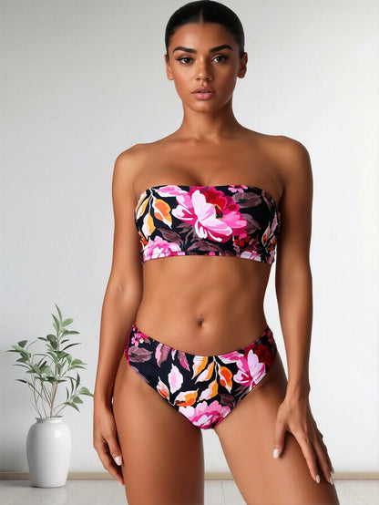 New Floral Print Strapless Bandeau Bikini Set, High Waist Two-Piece Bathing Suit