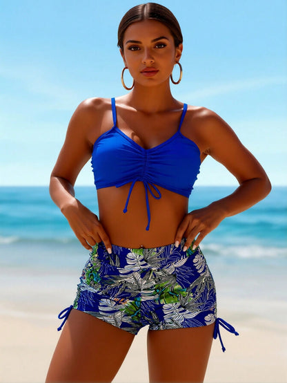 New Royal Blue Front Drawstring Bikini Top & Tropical Leaf Print High Waist Shorts Two Piece Swimsuit