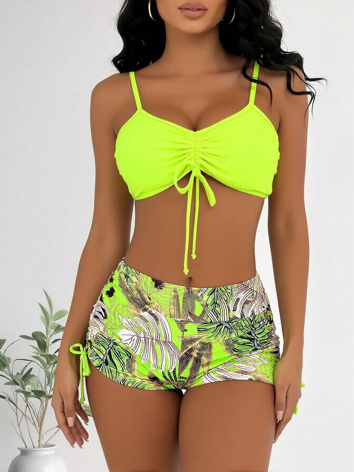 New Neon Green Front Tie Bikini Top & Tropical Leaf Print Side Drawstring High Waist Shorts Two Piece Swimsuit