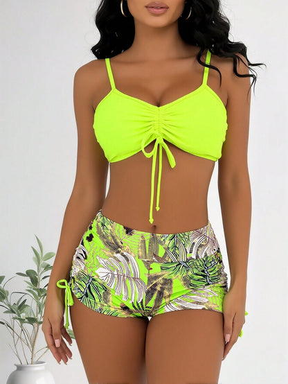 New Neon Green Front Tie Bikini Top & Tropical Leaf Print Side Drawstring High Waist Shorts Two Piece Swimsuit