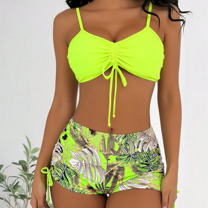 New Neon Green Front Tie Bikini Top & Tropical Leaf Print Side Drawstring High Waist Shorts Two Piece Swimsuit