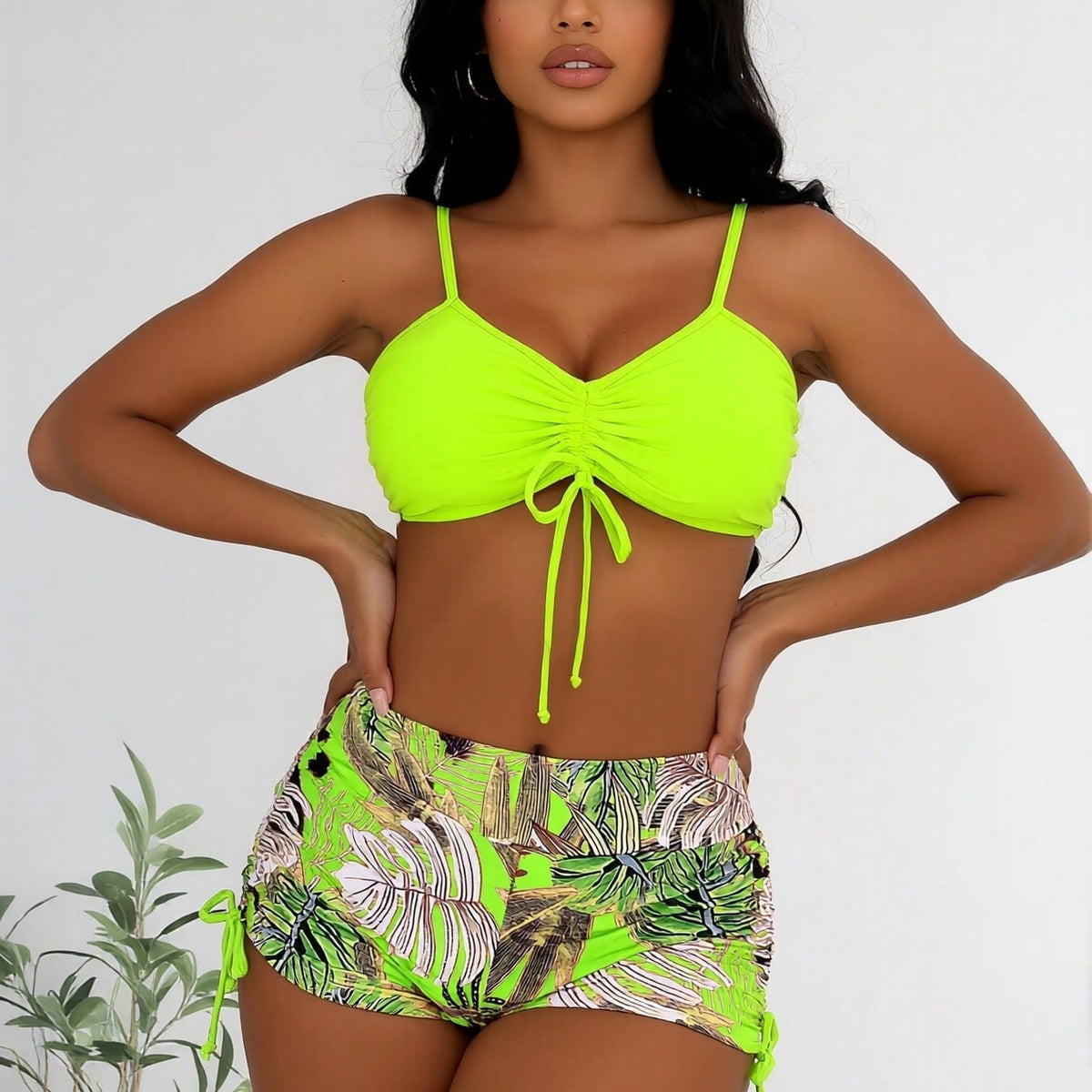 New Neon Green Front Tie Bikini Top & Tropical Leaf Print Side Drawstring High Waist Shorts Two Piece Swimsuit