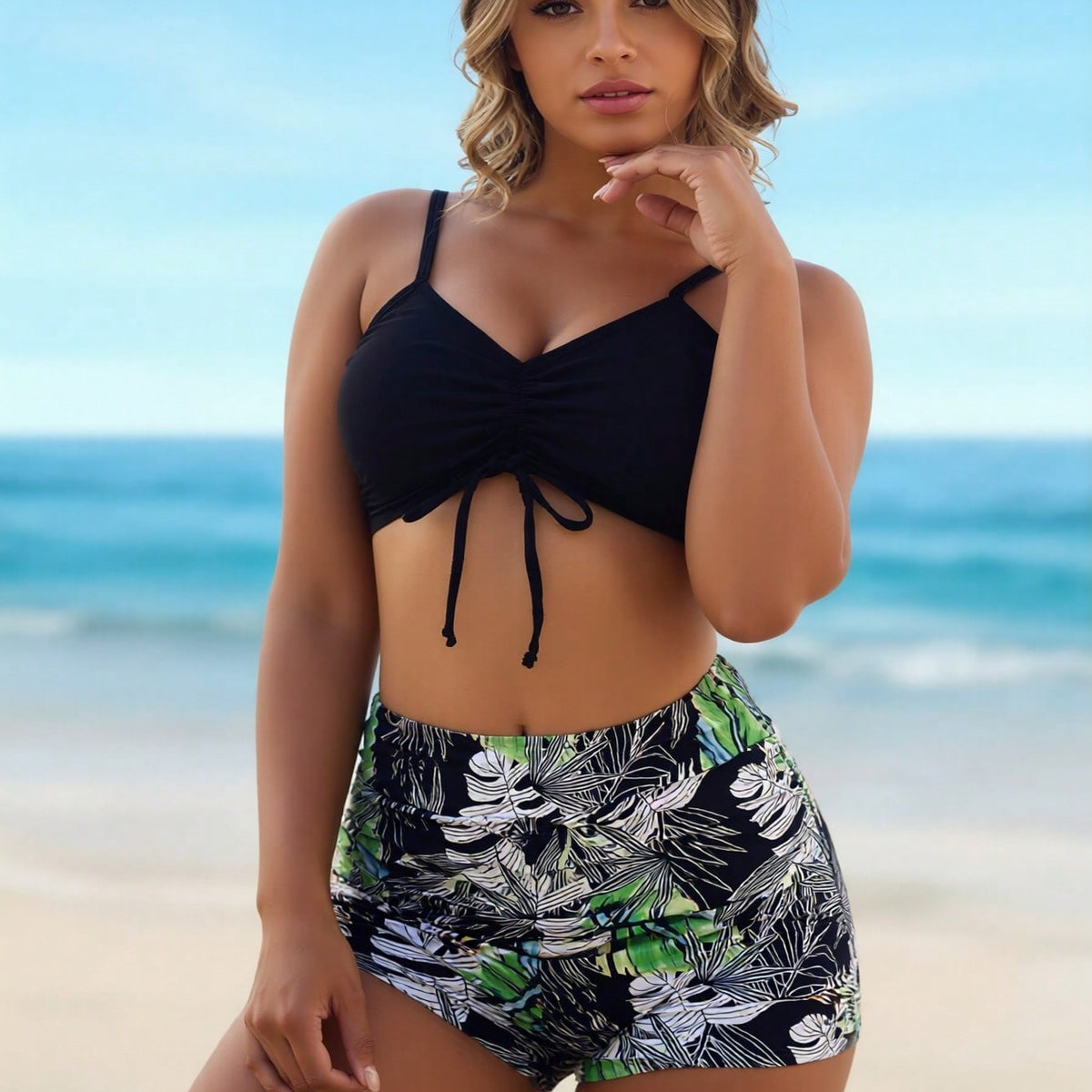 New Solid Black Ruched Crop Swim Top, Jungle Leaf Print High Cut Conservative Bathing Suit Set
