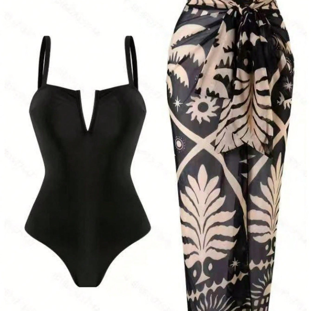 New V Notch Spaghetti Strap One Piece Swimsuit with Tropical Print Sarong Wrap Skirt Two Piece Set