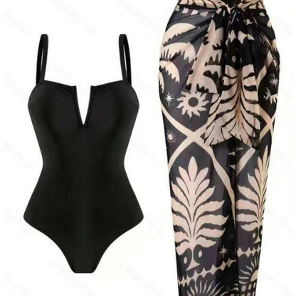 New V Notch Spaghetti Strap One Piece Swimsuit with Tropical Print Sarong Wrap Skirt Two Piece Set
