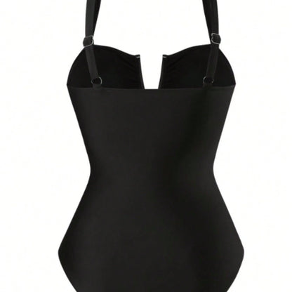 New V Notch Spaghetti Strap One Piece Swimsuit with Tropical Print Sarong Wrap Skirt Two Piece Set