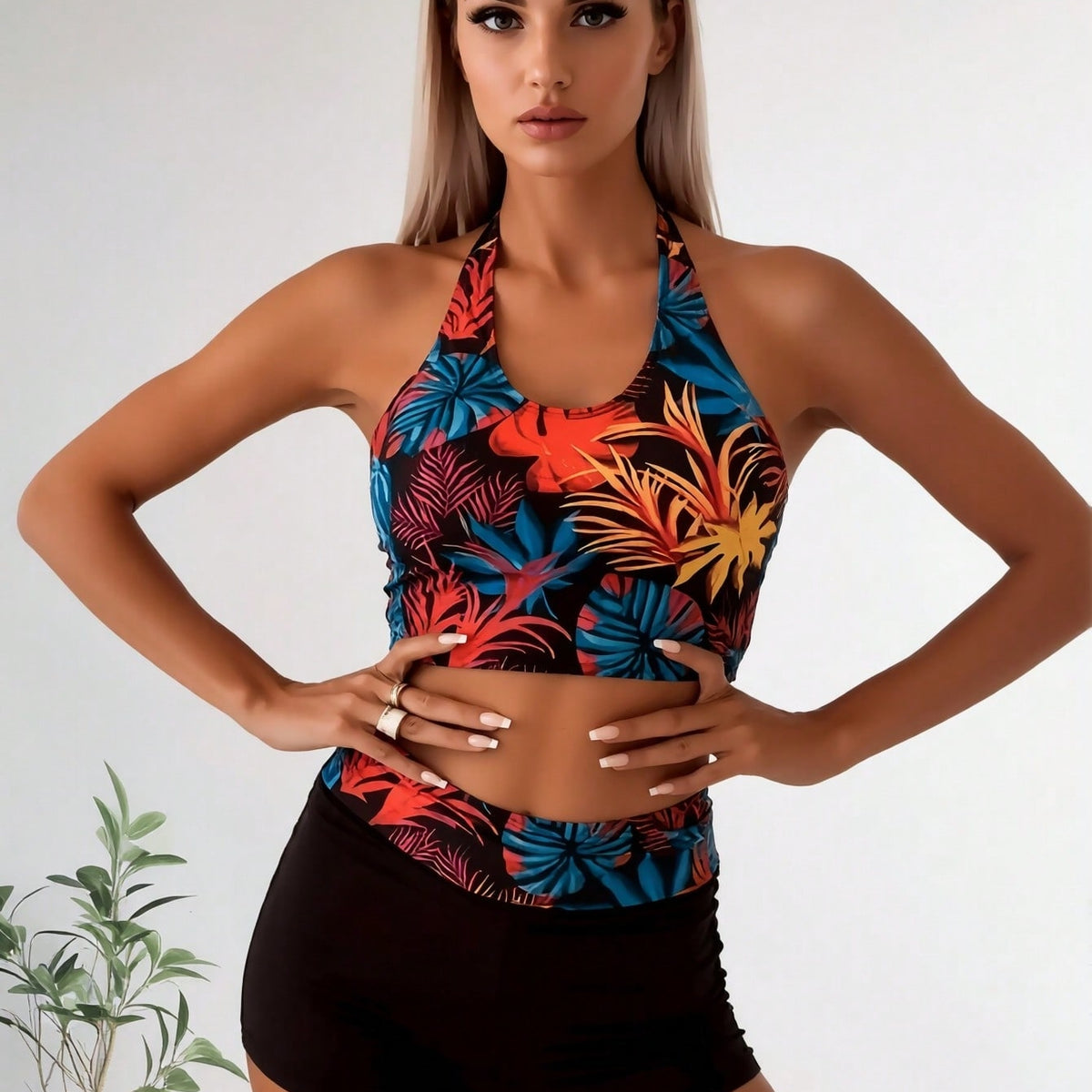 New Tropical Leaf Print Halter Tankini Set, Crop Top & High Waist Solid Boy Shorts Swimwear