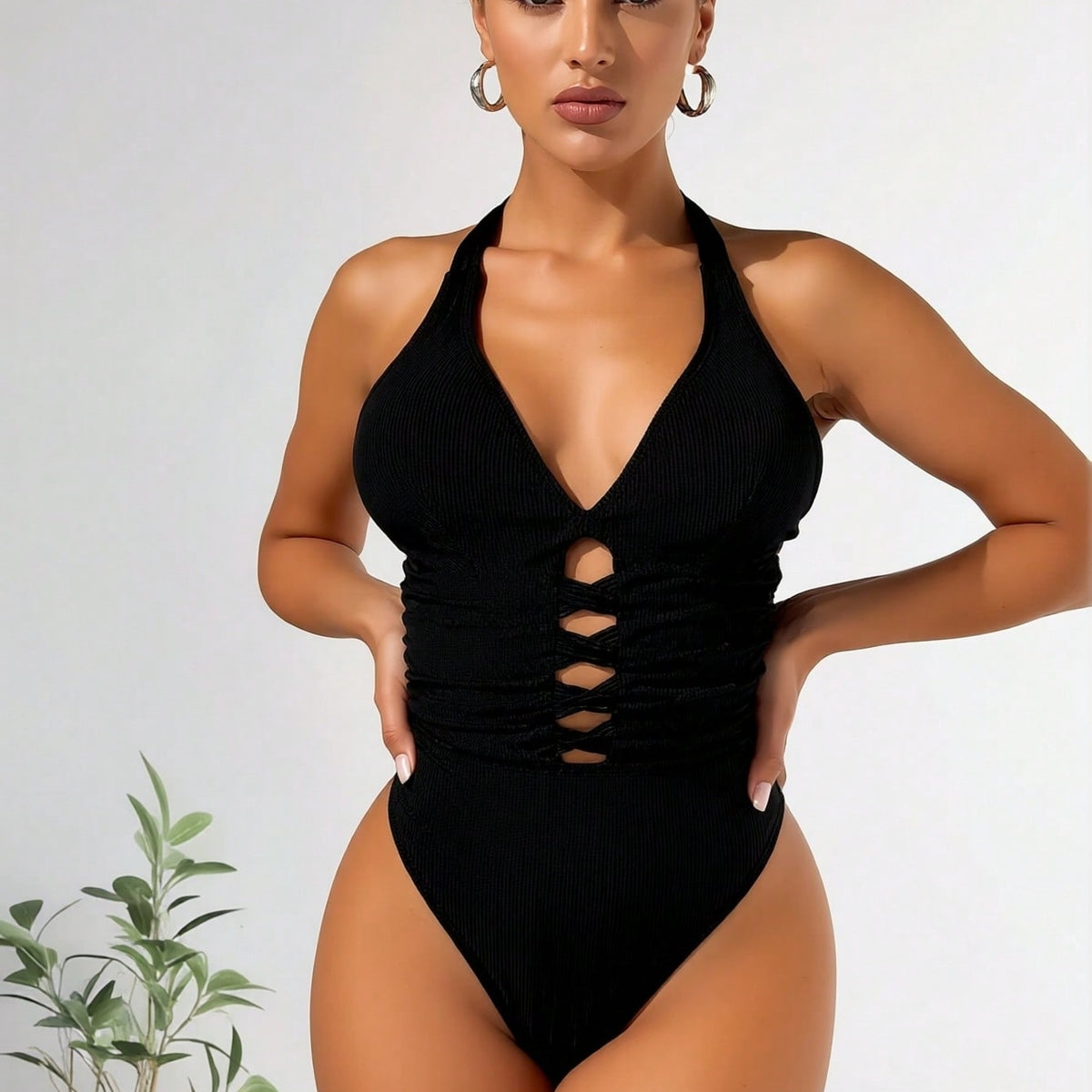 New Ribbed Halter One-Piece Swimsuit, V Neck Front Lace Up Cutout Tummy Control Bathing Suit