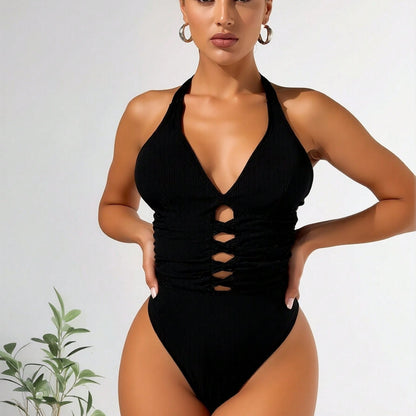New Ribbed Halter One-Piece Swimsuit, V Neck Front Lace Up Cutout Tummy Control Bathing Suit