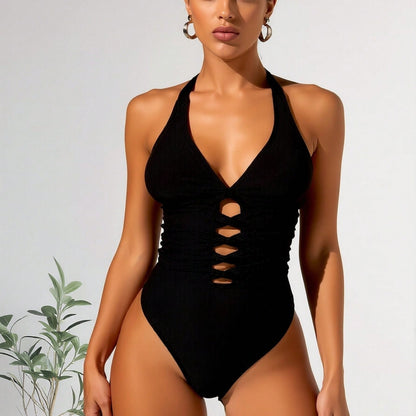 New Ribbed Halter One-Piece Swimsuit, V Neck Front Lace Up Cutout Tummy Control Bathing Suit
