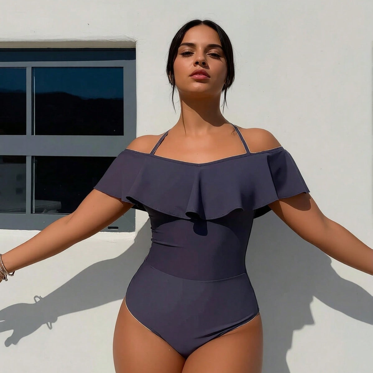 New Off-Shoulder Ruffle One-Piece Swimsuit, Halter Neck Tummy Control Bathing Suit