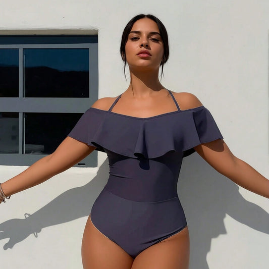 New Off-Shoulder Ruffle One-Piece Swimsuit, Halter Neck Tummy Control Bathing Suit