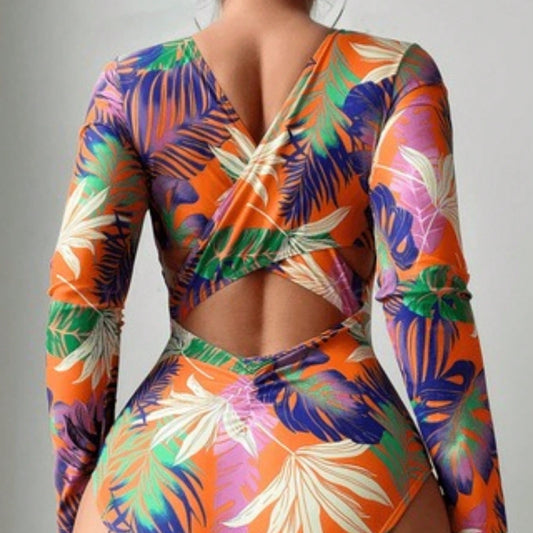 New Tropical Leaf Print Long Sleeve One-Piece Swimsuit, Rash Guard Bathing Suit
