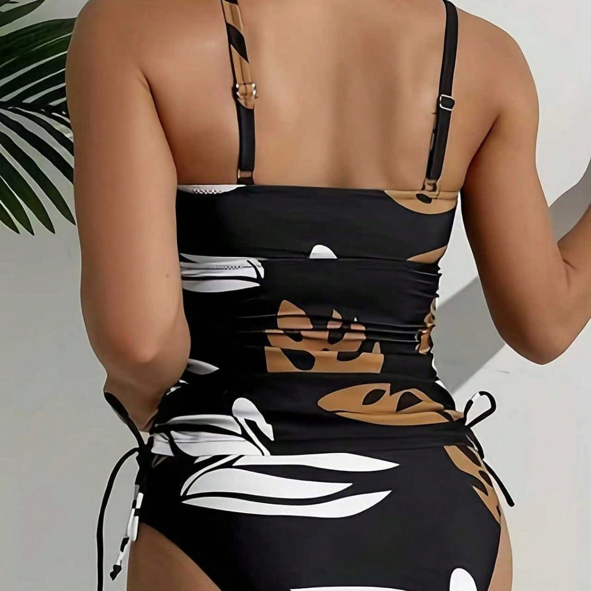 Tropical Leaf Print One‑Piece Swimsuit | Adjustable Straps Side Drawstring Ruched Bathing Suit