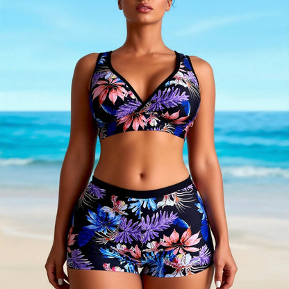 New Tropical Floral Print Sporty Two-Piece Swimsuit, V Neck Crop Top with Boy Shorts