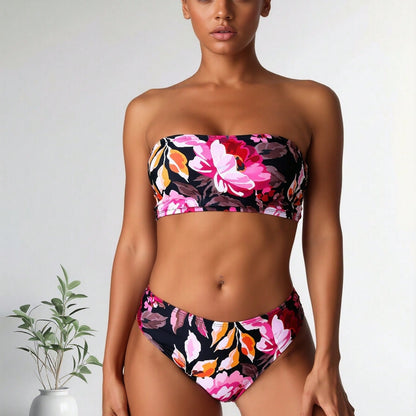 New Floral Print Strapless Bandeau Bikini Set, High Waist Two-Piece Bathing Suit