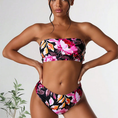 New Floral Print Strapless Bandeau Bikini Set, High Waist Two-Piece Bathing Suit