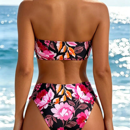 New Floral Print Strapless Bandeau Bikini Set, High Waist Two-Piece Bathing Suit