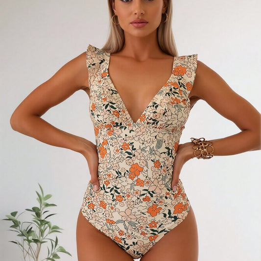 New Ditsy Floral Print One-Piece Swimsuit, V Neck Ruffle Shoulder Tummy Control Bathing Suit
