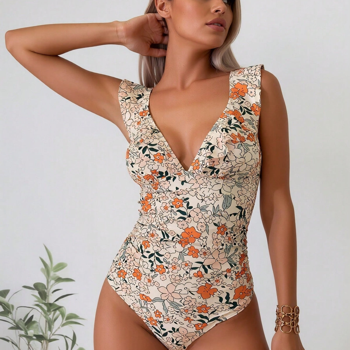 New Ditsy Floral Print One-Piece Swimsuit, V Neck Ruffle Shoulder Tummy Control Bathing Suit