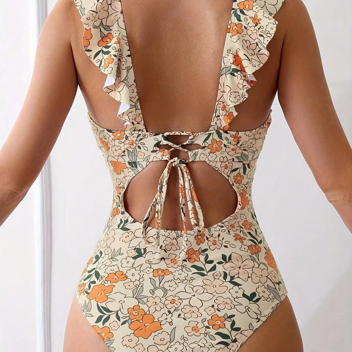 New Ditsy Floral Print One-Piece Swimsuit, V Neck Ruffle Shoulder Tummy Control Bathing Suit