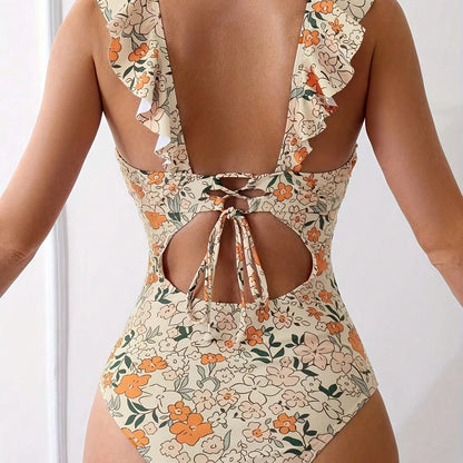 New Ditsy Floral Print One-Piece Swimsuit, V Neck Ruffle Shoulder Tummy Control Bathing Suit