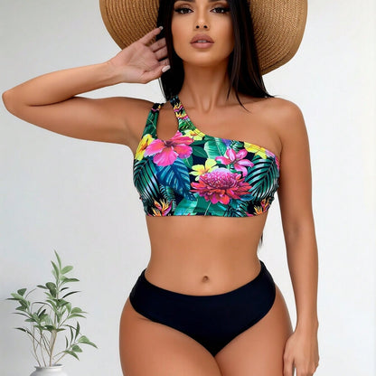 New Tropical Floral Print One Shoulder Bikini Set, Cutout Top with Solid High Waist Bottom