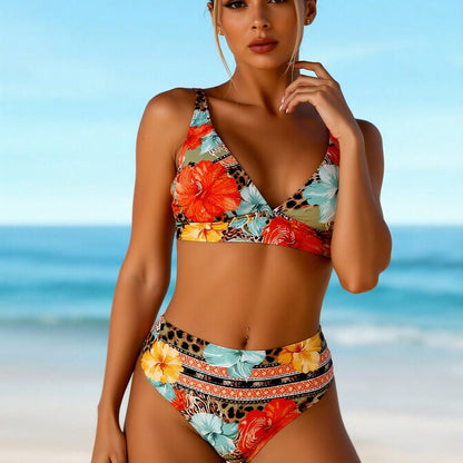 New Hawaiian Floral & Animal Print Swimwear, Mid Waist Tummy Control Two-Piece Swimsuit