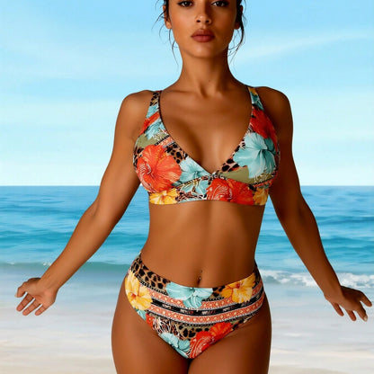 New Hawaiian Floral & Animal Print Swimwear, Mid Waist Tummy Control Two-Piece Swimsuit