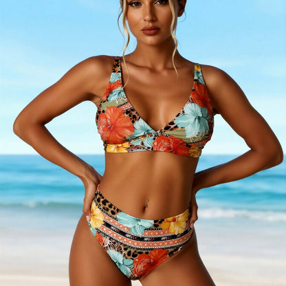 New Hawaiian Floral & Animal Print Swimwear, Mid Waist Tummy Control Two-Piece Swimsuit