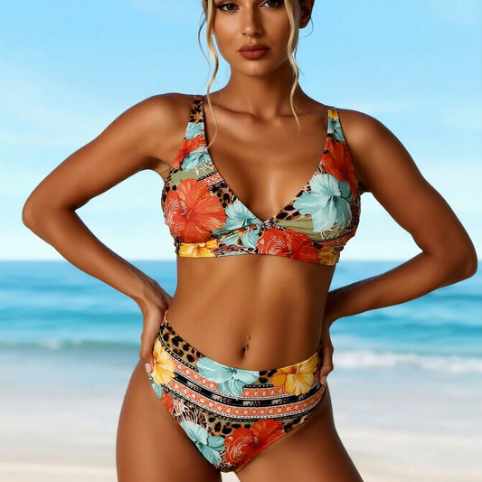 New Hawaiian Floral & Animal Print Swimwear, Mid Waist Tummy Control Two-Piece Swimsuit