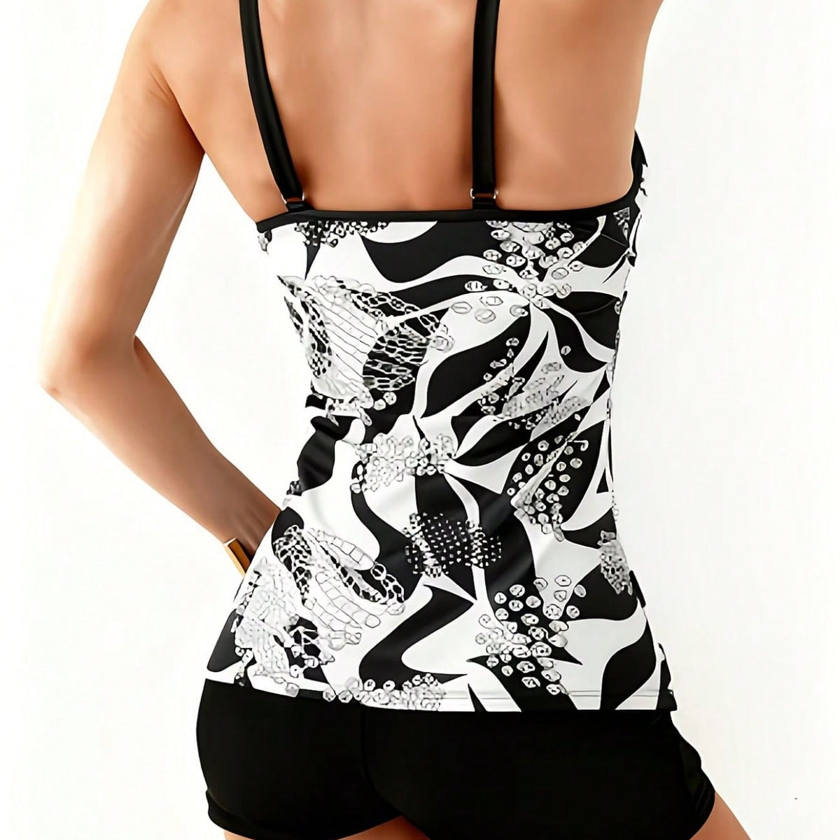 Black & White Abstract Floral Tankini – Scoop Neck Tummy Control Swimwear