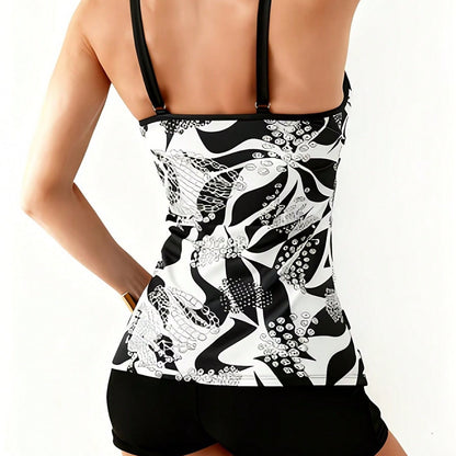 Black & White Abstract Floral Tankini – Scoop Neck Tummy Control Swimwear