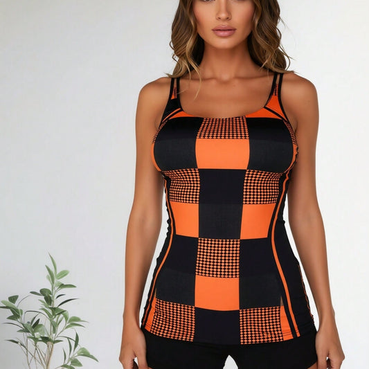 New Orange & Black Checkerboard Print Two-Piece Swimsuit, Sleeveless Longline Tank with s