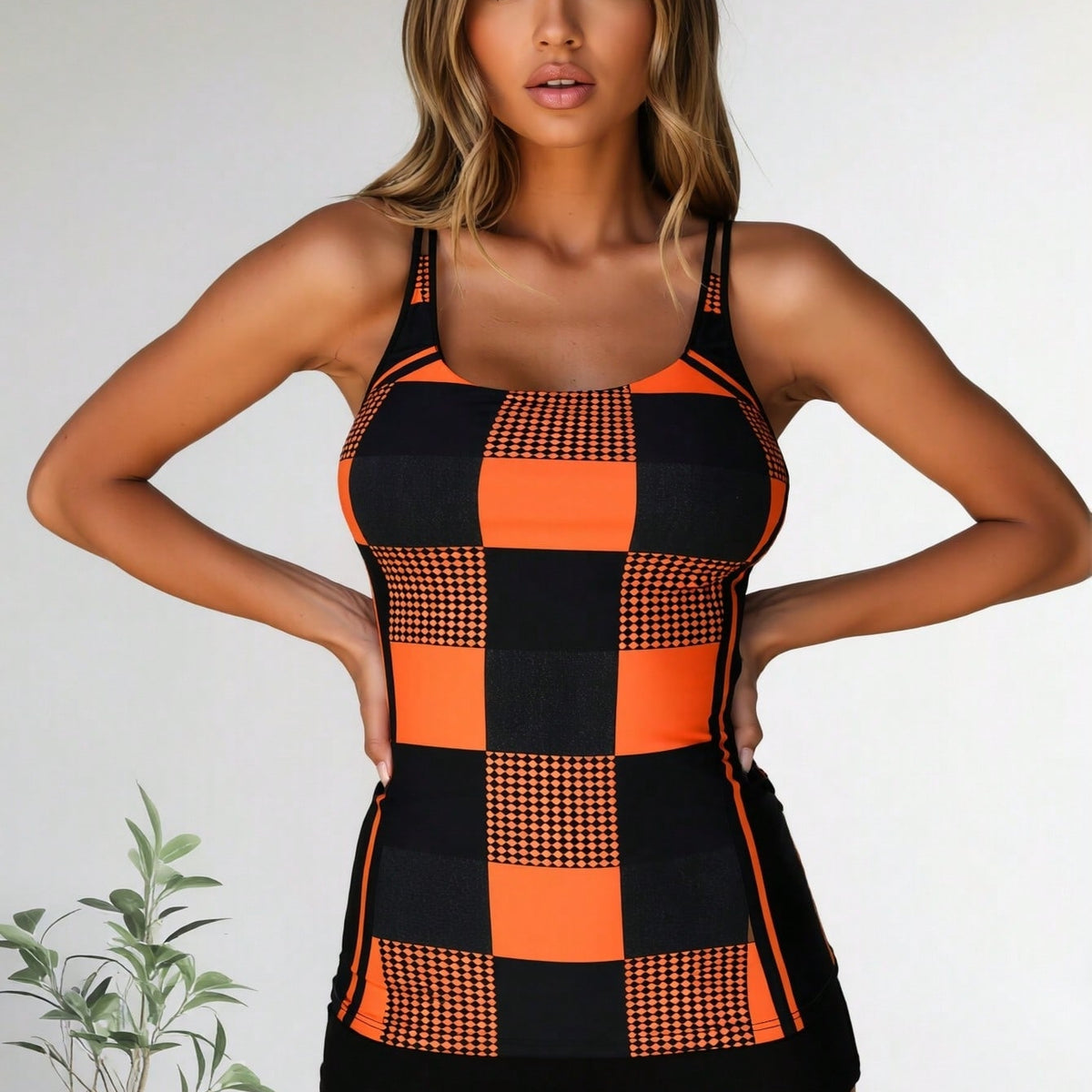 New Orange & Black Checkerboard Print Two-Piece Swimsuit, Sleeveless Longline Tank with s