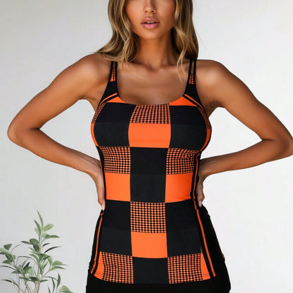 New Orange & Black Checkerboard Print Two-Piece Swimsuit, Sleeveless Longline Tank with s
