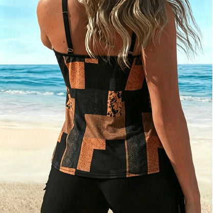 New Abstract Geometric Print Tankini Swimsuit, U Neck Tummy Control Swimwear