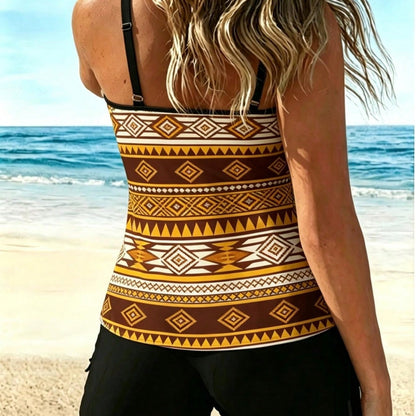 New Boho Tribal Pattern Two-Piece Swimsuit, Sleeveless Longline Tank with s