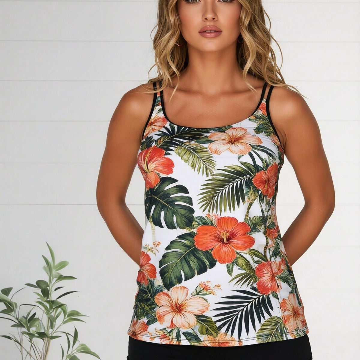 New Tropical Hibiscus Print Tankini Swimsuit, Double Spaghetti Straps Tummy Control Swimwear